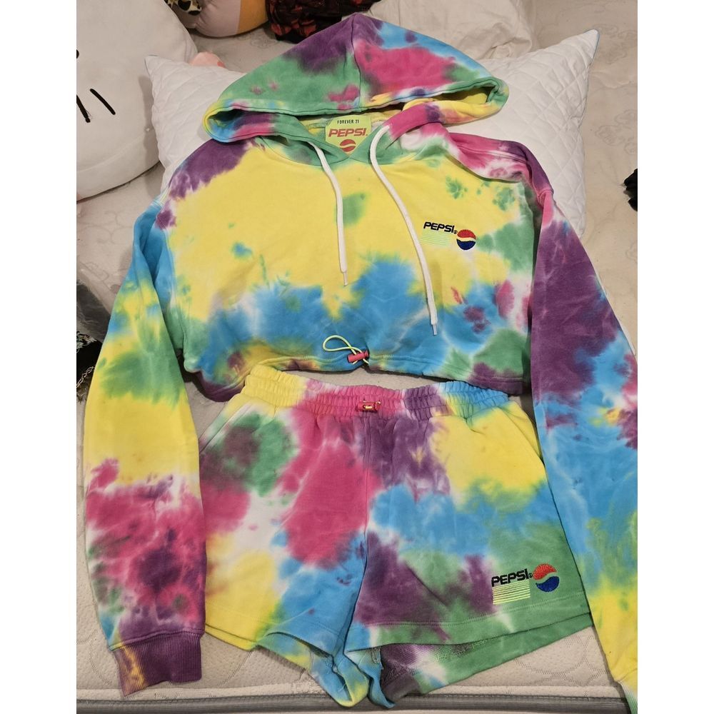 Forever 21 Pepsi Womens Small Hoodie Cropped Tie Dye Hooded &Shorts